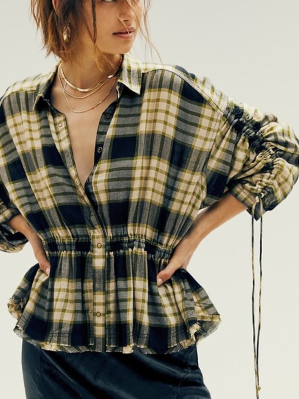 Free People Women's Small Pacific Dawn Plaid Top Blouse Wool Blend Green Black